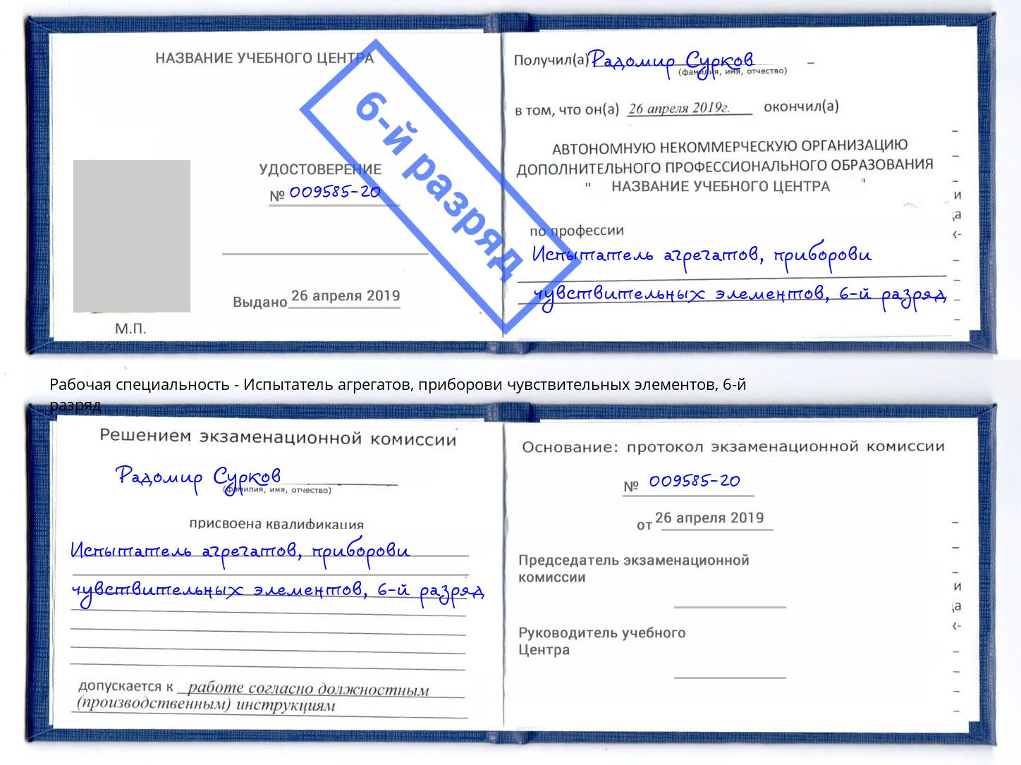 корочка 6-й разряд Испытатель агрегатов, приборови чувствительных элементов Орск
