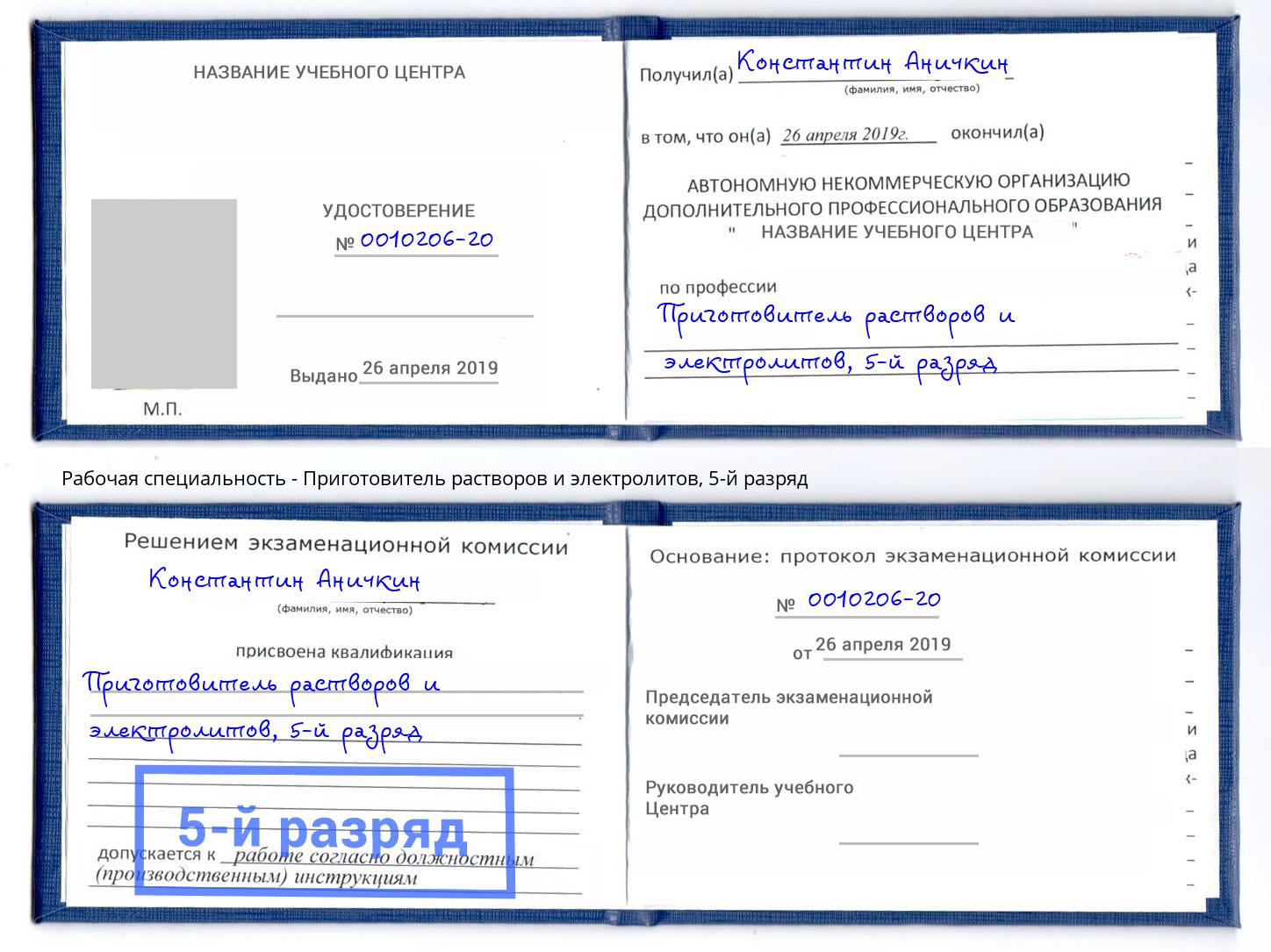 корочка 5-й разряд Приготовитель растворов и электролитов Орск