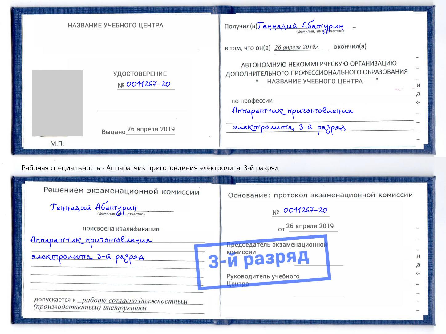 корочка 3-й разряд Аппаратчик приготовления электролита Орск